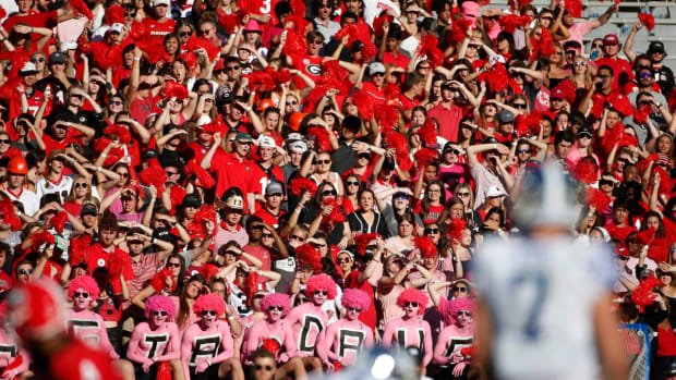 Georgia fans make nose while Kentucky Wildcats quarterback Will Levis (7) gets set to make a play during the first half of an NCAA college football game between Kentucky and Georgia in Athens, Ga., on Saturday, Oct. 16, 2021.

News Joshua L Jones